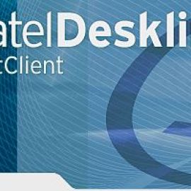 Feratel Deskline Expert Client Logo mit abstraktem blauem Hintergrund und weißem Text.