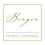 Beigefarbenes Logo mit Berger in Schreibschrift über FEINSTE CONFISERIE, Hervorhebung der Wirtschaftskooperationen, in einem quadratischen Rahmen.