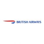 British Airways-Logo mit einem vom Verkehrsträger inspirierten roten und blauen Band und blauem Text auf weißem Grund.