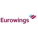 Eurowings-Logo mit stilisierten kastanienbraunen und blauen Flügeln, die einen modernen Verkehrsträger symbolisieren, auf weißem Hintergrund.