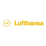 Lufthansa-Logo mit einem gelben Verkehrsträgerkran neben dem Lufthansa-Text auf weißem Hintergrund.