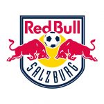 Das Logo des Fußballvereins Red Bull Salzburg, das Wirtschaftskooperationen symbolisiert, mit zwei roten Stieren und einem Fußball.