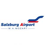 Logo des Flughafens Salzburg W.A. Mozart, Verkehrsträger, mit blauen und roten stilisierten Linien über dem Text.