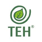 Grünes Blatt in einer Spirale über fetten grünen TEH-Buchstaben, die Wirtschaftskooperationen auf weißem Hintergrund symbolisieren.