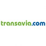 Transavia.com-Logo mit dem Namen des Verkehrsträgers in Grün und .com in Blau auf weißem Hintergrund.