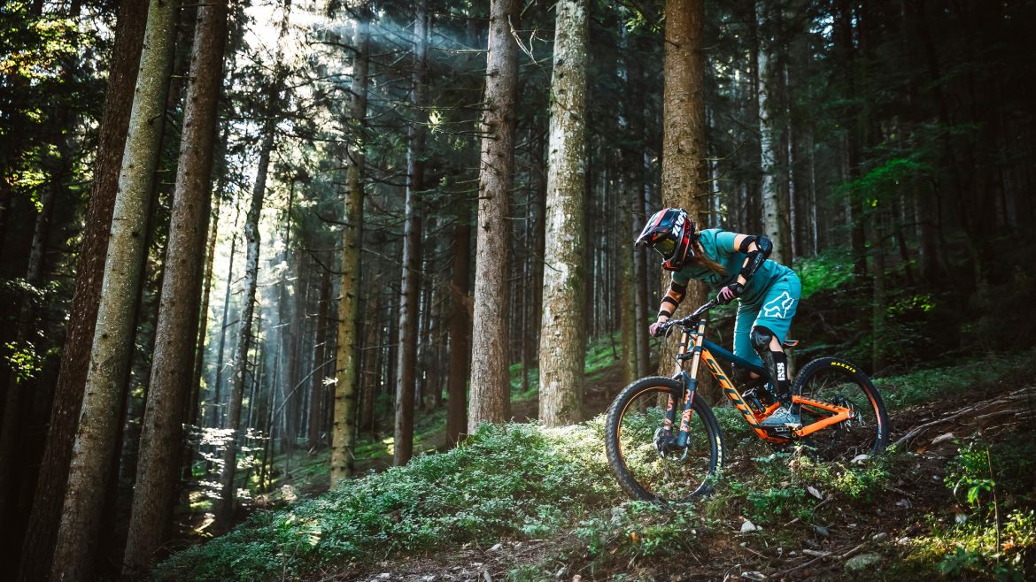 Ein Mountainbiker in voller Montur fährt bergab durch einen sonnenbeschienenen Wald mit hohen Bäumen und üppigem Grün.