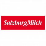 Rotes Rechteck mit weißem Text SalzburgMilch in Serifenschrift, Symbol für Wirtschaftskooperationen, auf weißem Hintergrund.