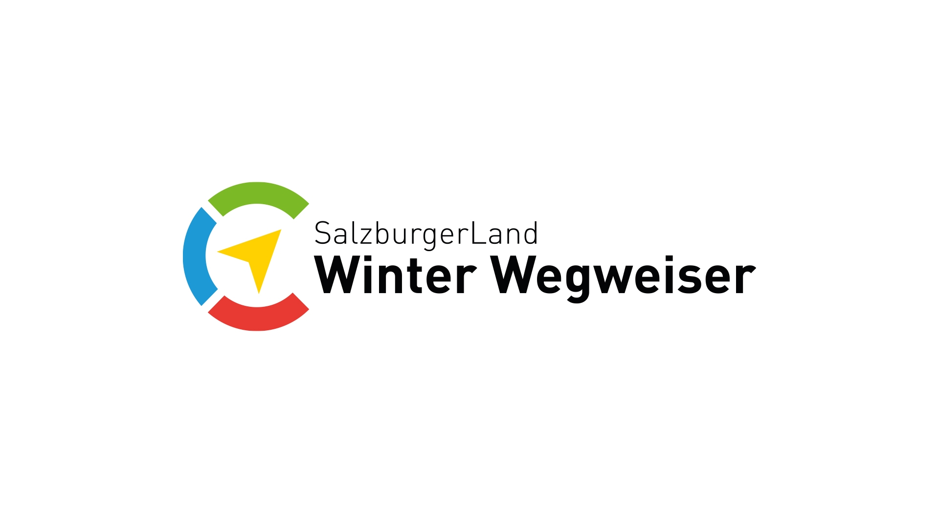 Logo mit grünem, blauem und rotem Rundpfeil und gelber Pfeilspitze, Text: SalzburgerLand Winter Wegweiser.