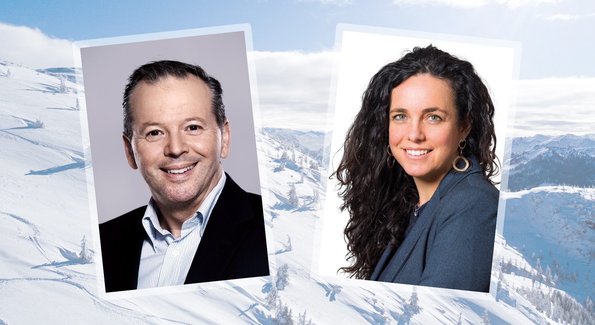 Ein Mann und eine Frau in Geschäftskleidung, lächelnd, vor einem verschneiten Berghintergrund.