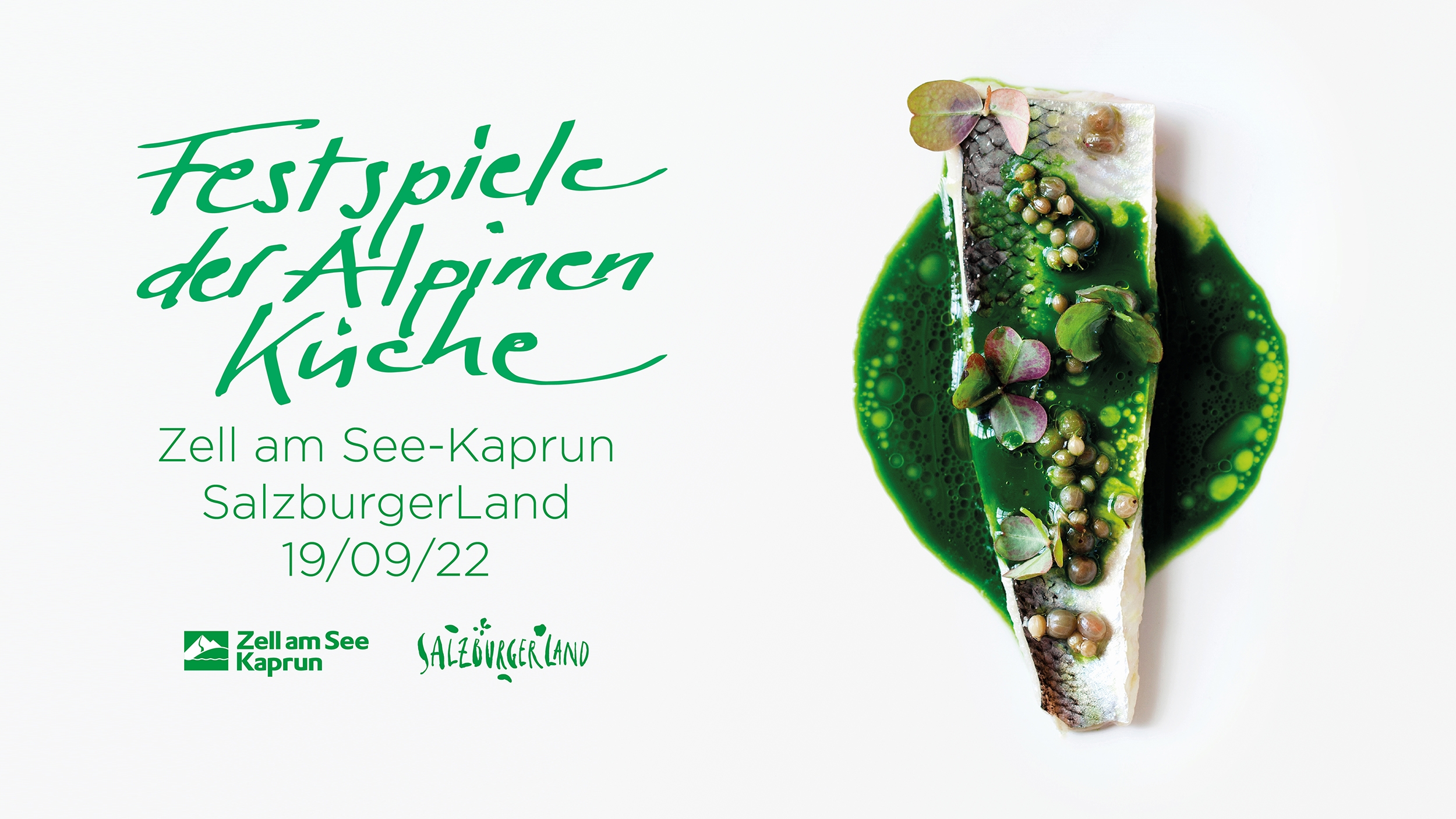 Ein Gourmet-Fischgericht mit grüner Soße neben einem deutschen Text über ein kulinarisches Festival in Zell am See-Kaprun, Österreich.