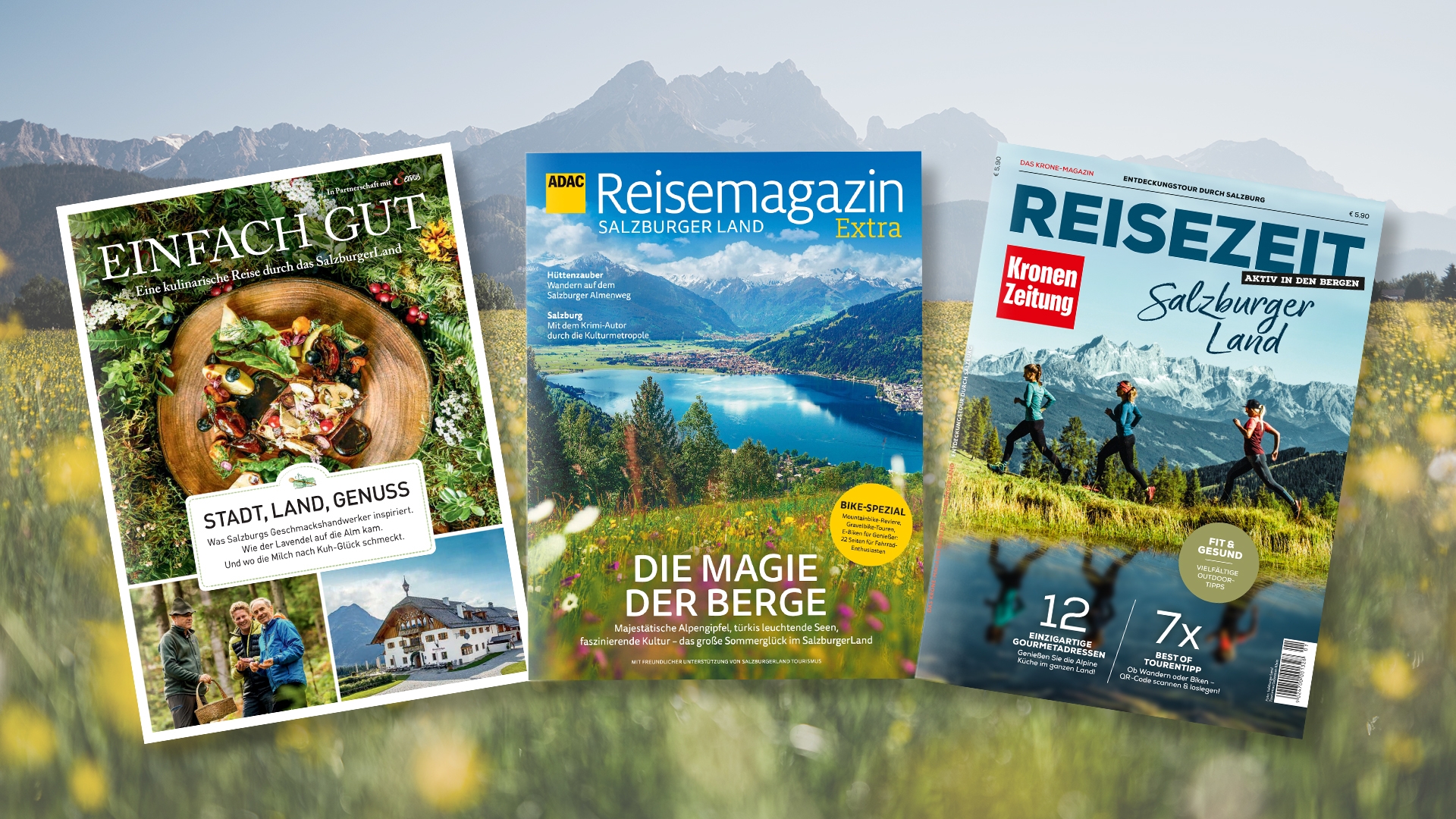 Drei Salzburger Reisemagazine vor einer malerischen Berg- und Wildblumenlandschaft.