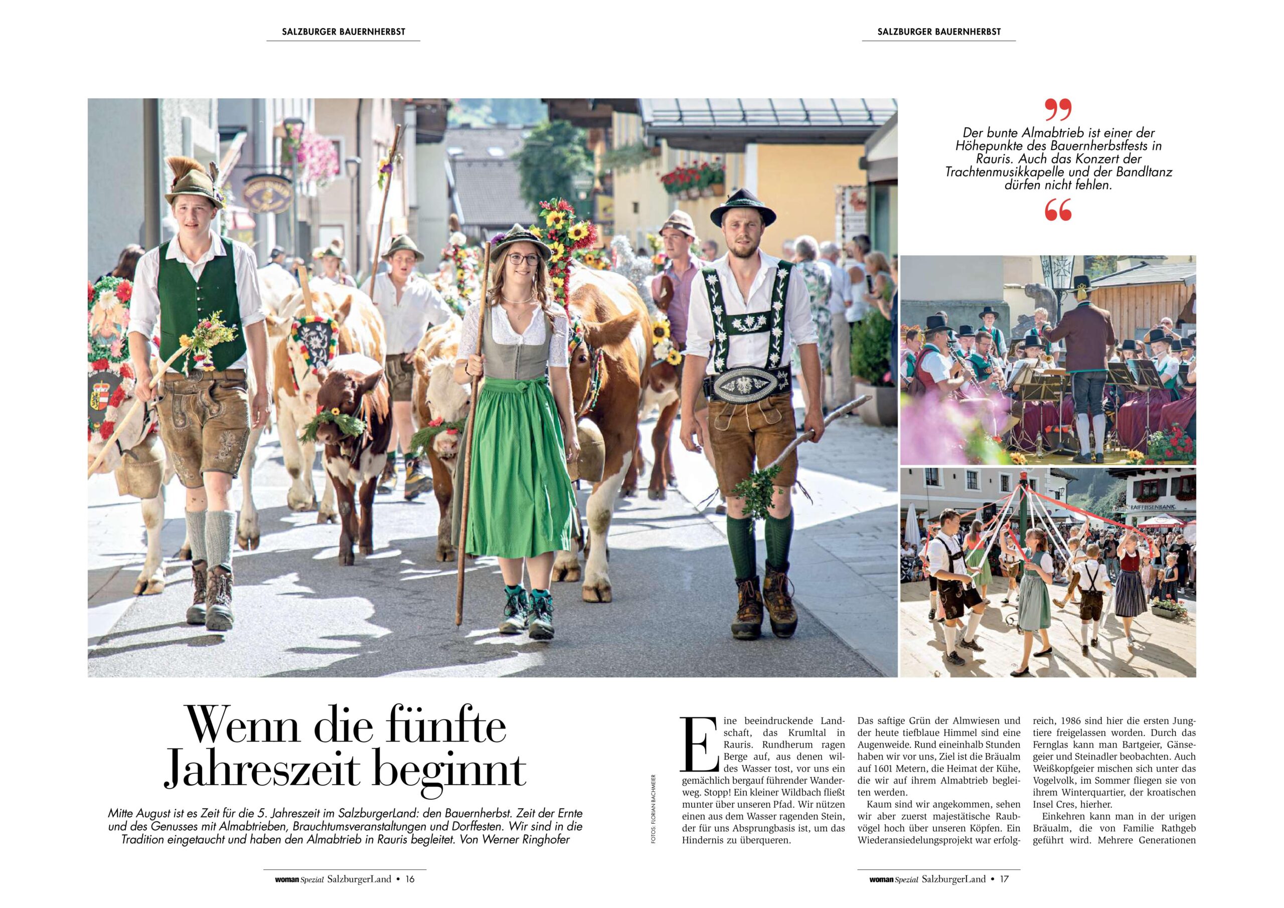 Menschen in traditioneller österreichischer Kleidung führen geschmückte Kühe während eines Festumzugs in Deutschland durch eine Straße.