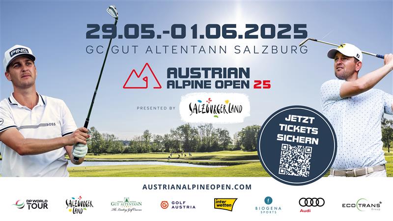 Zwei Golfer auf einem Turnierplakat für die Austrian Alpine Open 2025 in Salzburg, mit Veranstaltungshinweisen und Sponsoren.