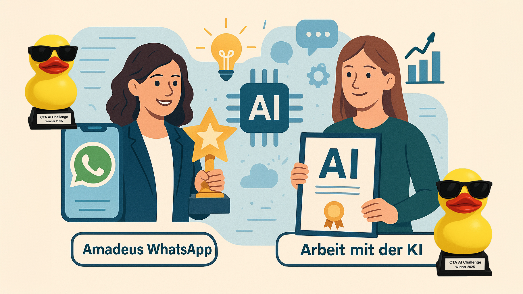 Zwei Frauen mit AI-Auszeichnungen, Gummienten mit Sonnenbrillen sowie WhatsApp- und AI-Symbole im Hintergrund.
