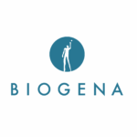 Blauer Kreis mit weißer Silhouette, die nach oben reicht, über BIOGENA, Symbol für Wirtschaftskooperationen.