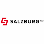Logo der Salzburg AG mit rotem, geometrischem Symbol, fettgedrucktem, schwarzem Text und dem Motiv der Wirtschaftskooperationen auf Weiß.