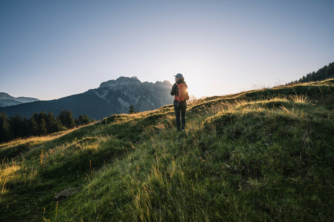 Eine Person wandert bei Sonnenaufgang auf einem grasbewachsenen Hügel, mit Bergen und Bäumen im Hintergrund.