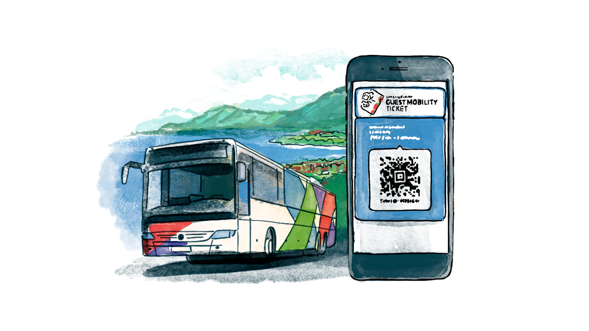 Illustration eines Busses an einem malerischen See und Hügeln, neben einem Smartphone, das ein digitales Ticket mit einem QR-Code anzeigt.