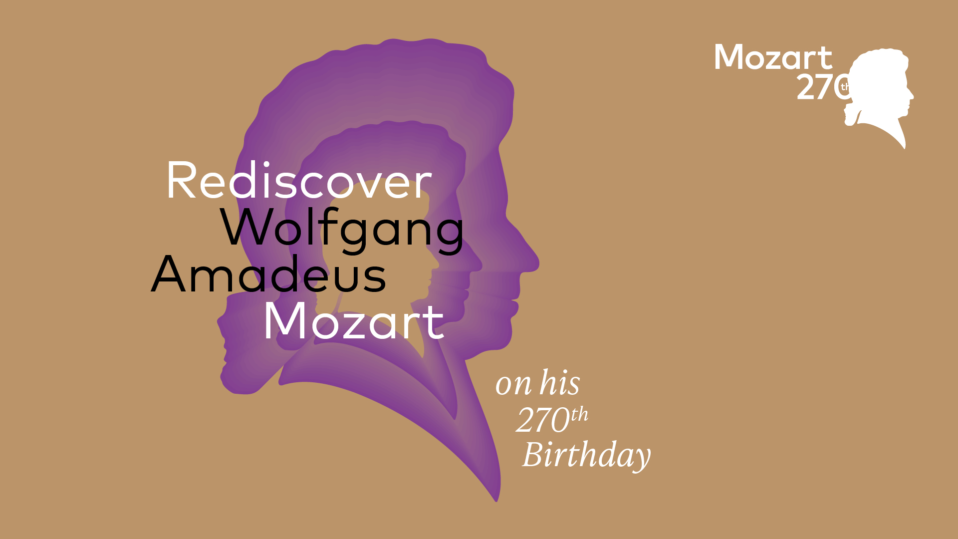 Lila Mozart-Silhouetten mit Text: Entdecken Sie Wolfgang Amadeus Mozart an seinem 270. Geburtstag wieder.