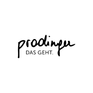Prodinger Logo: Schwarzer handgeschriebener Text über DAS GEHT. auf einfarbigem hellgrauem Hintergrund.
