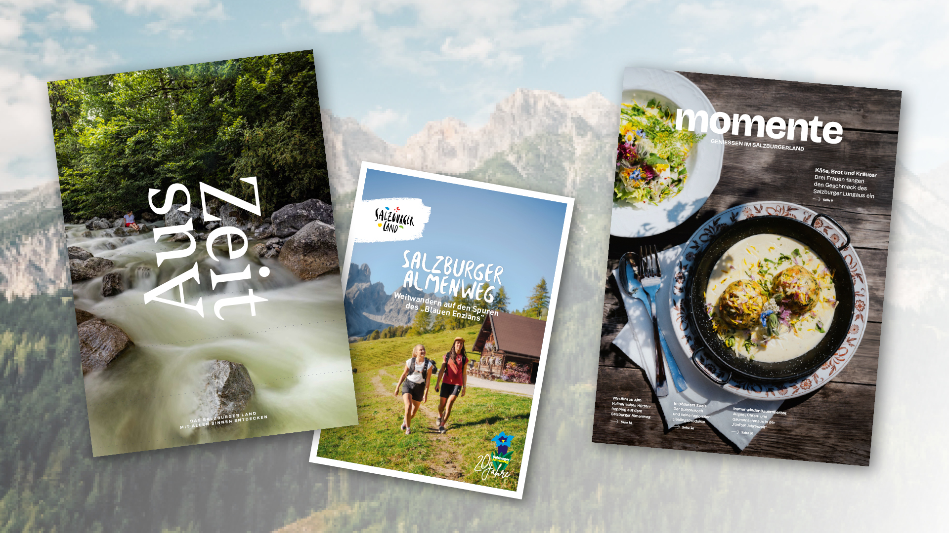 Drei Zeitschriften mit Titelseiten, die einen Fluss, Wanderer in den Bergen und eine Suppenschüssel vor einem unscharfen alpinen Hintergrund zeigen.